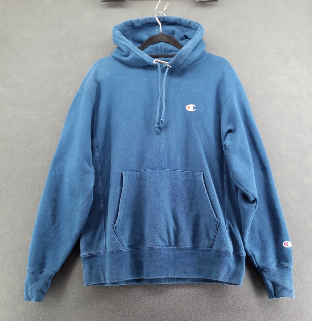 Champion Reverse Weave Hoodie Sweatshirt Blue Embroidered C Logo Mens M
